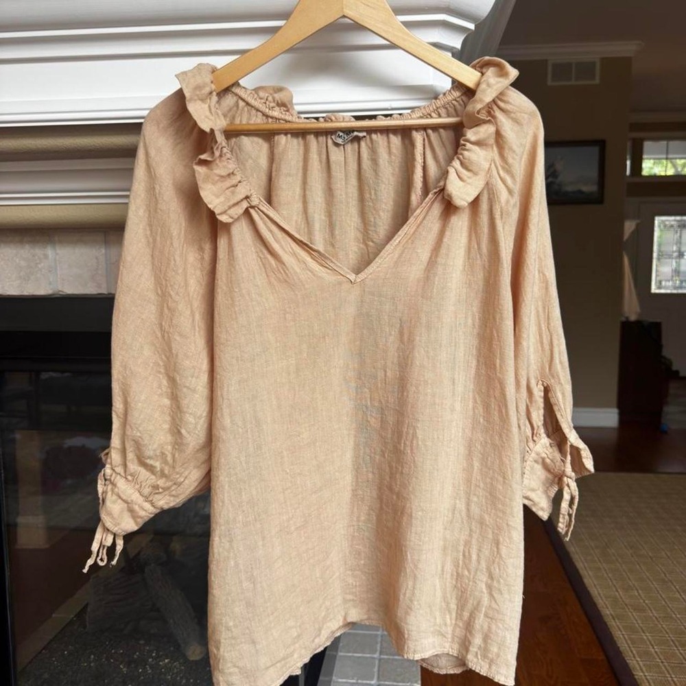 Meo Meli Linen V-Neck Ruffle Collar Tie Puff Sleeve Top Made in Italy Size XL - Picture 1 of 5